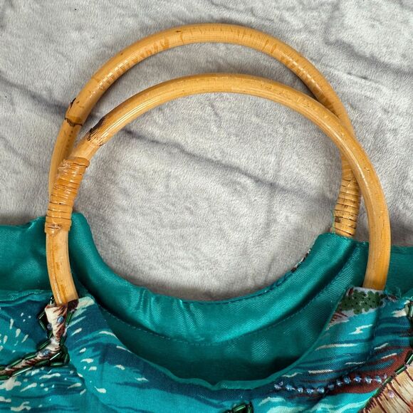 VTG Marlin Tropical Hawaiian Beaded Tote Handbag Purse Swordfish Bamboo Handles - Picture 10 of 16